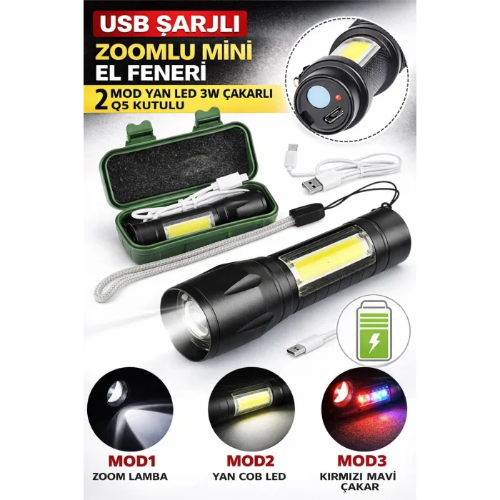 BUĞZ USB Şarjlı Zoomlu Mini El Feneri 3 Mod Yan COB LED Çakar Q5 Güçlü Işık Kutulu