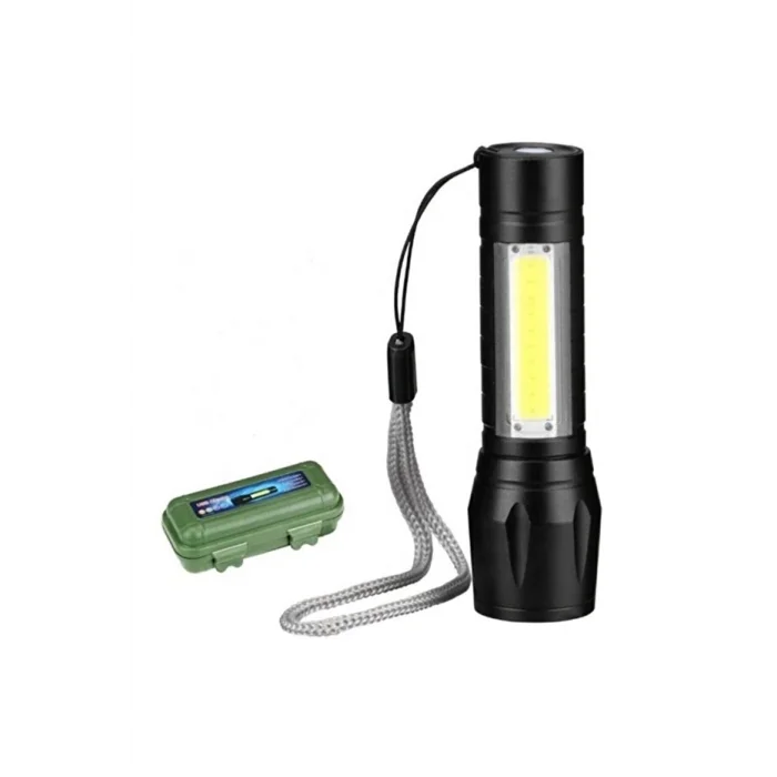 BUĞZ USB Şarjlı Zoomlu Mini El Feneri Q5 Güçlü Işık Yan COB LED SOS Mod Kutulu Şarj Kablolu Set