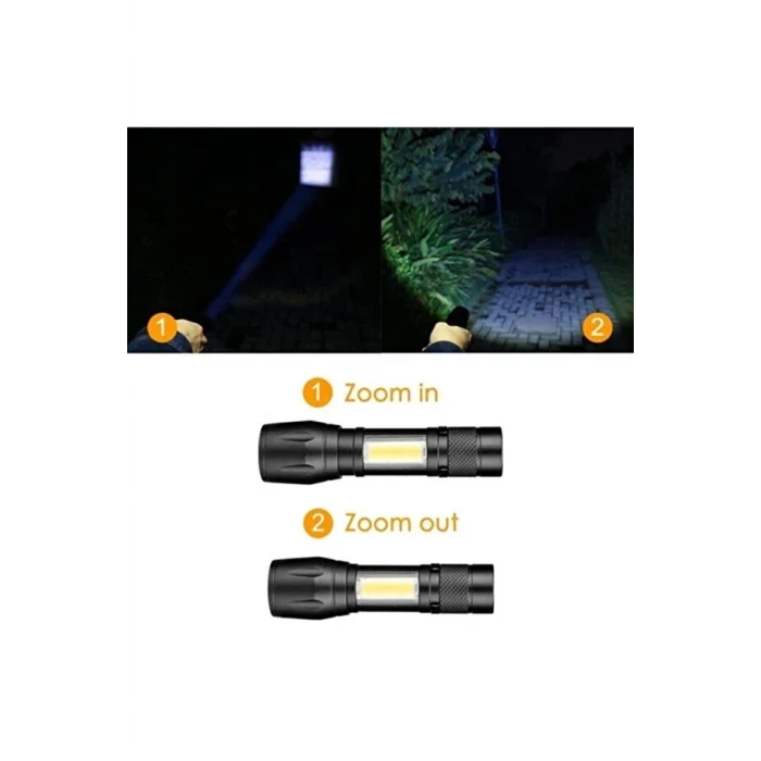 BUĞZ USB Şarjlı Zoomlu Mini El Feneri Q5 Güçlü Işık Yan COB LED SOS Mod Kutulu Taşınabilir