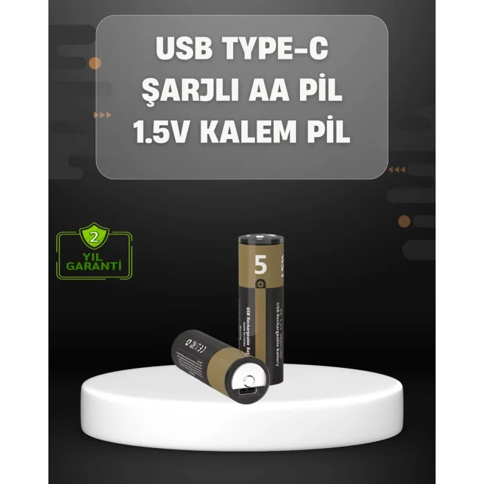 BUĞZ USB Type-C Girişli Şarjlı AA Lityum Pil | 1.5V Sabit Çıkış | 3200mWh (2li Paket)