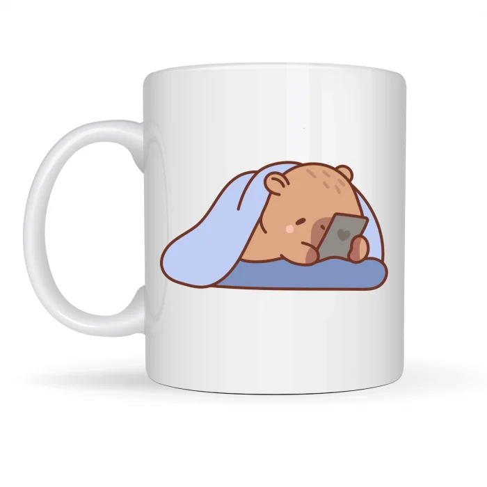 BUĞZ Uyuyan Kapibara Tasarımlı Porselen Kupa MODEL 104 – Telefonlu Sevimli Desen , Kahve & Çay Kupası , Hediye Fikri