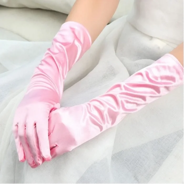  Uzun Boy Ekstra Parlak Saten Eldiven Pembe Renk