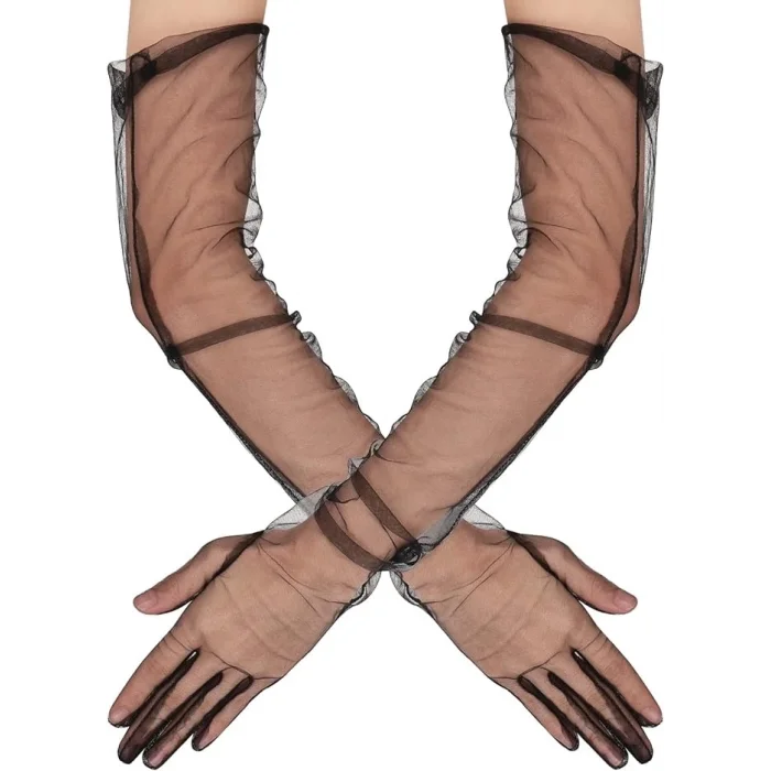 BUĞZ Uzun Boy Likralı Siyah Renk Yetişkin Mega Tül Eldiven 53 Cm