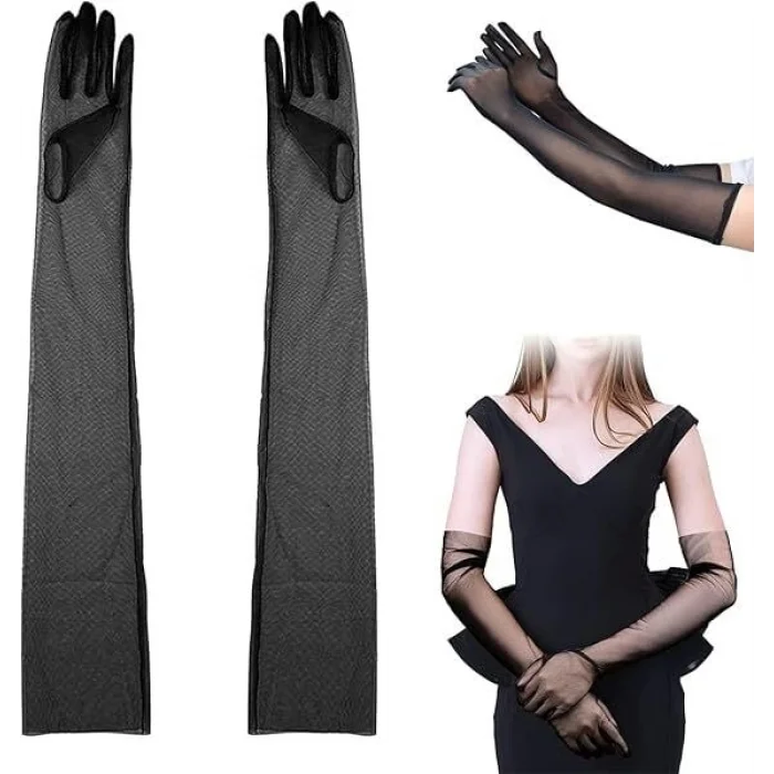 BUĞZ Uzun Boy Likralı Siyah Renk Yetişkin Mega Tül Eldiven 53 cm
