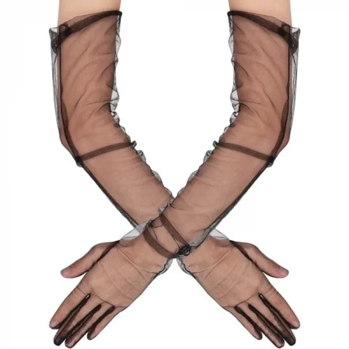  Uzun Boy Likralı Siyah Yetişkin Mega Tül Eldiven