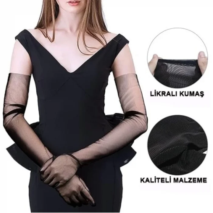  Uzun Boy Likralı Siyah Yetişkin Mega Tül Eldiven