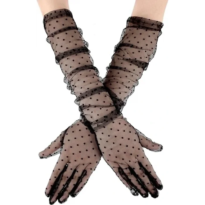 BUĞZ Uzun Siyah Puantiyeli Yetişkin Tül Eldiven