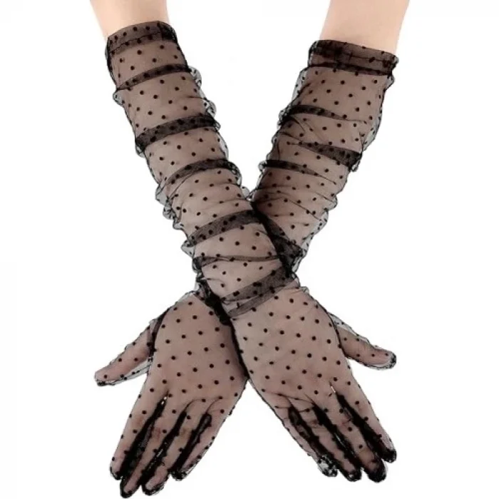  Uzun Siyah Puantiyeli Yetişkin Tül Eldiven