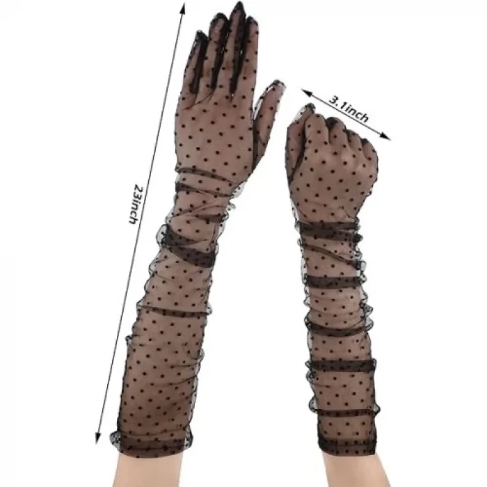  Uzun Siyah Puantiyeli Yetişkin Tül Eldiven