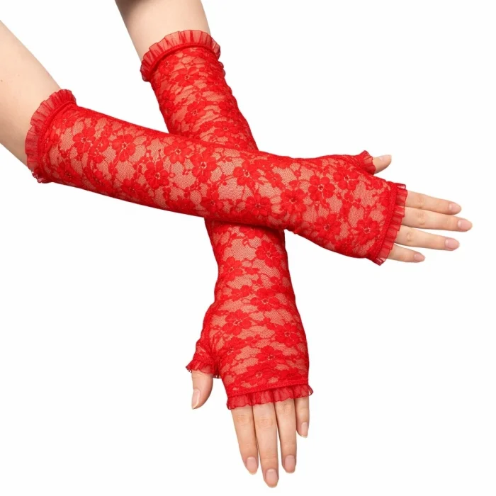 BUĞZ Uzun Zarif Dantel Eldiven Parmaksız Kırmızı 35 Cm
