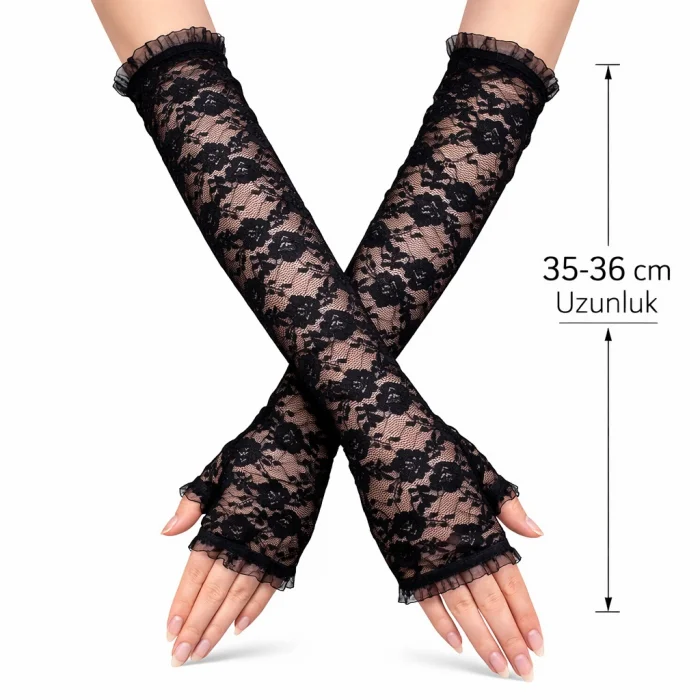 BUĞZ Uzun Zarif Dantel Eldiven Parmaksız Siyah