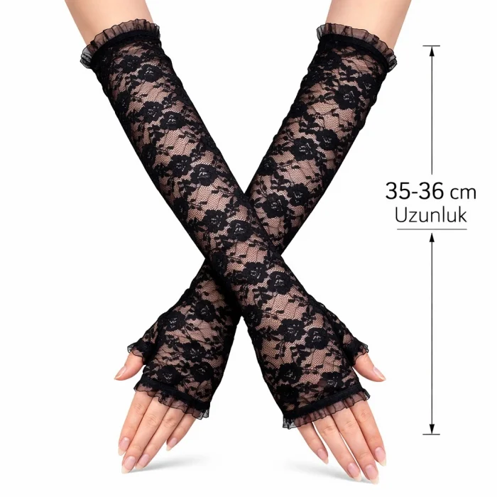 BUĞZ Uzun Zarif Dantel Eldiven Parmaksız Siyah 35 cm
