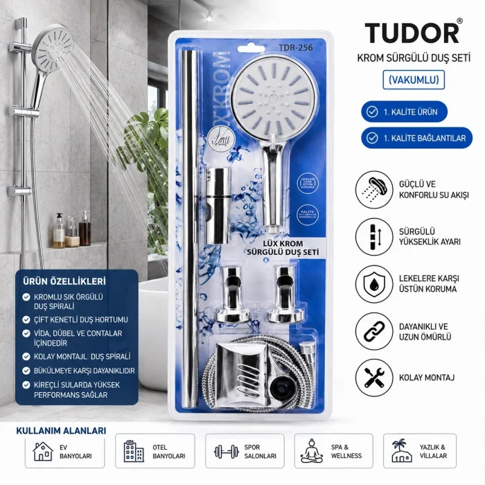 BUĞZ Vakumlu - Krom Lux Sürgülü Duş Seti Bx40