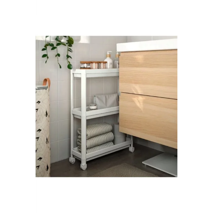  Vesken Beyaz 3lü Tekerlekli Dikdörtgen Raf Ünitesi Banyo Mutfak Düzenleyici Raf Modern Depolama Raf