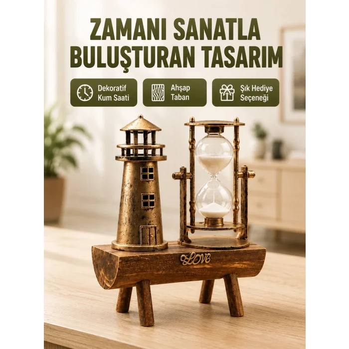 BUĞZ Vintage Kum Saati + Deniz Feneri Modeli – Ahşap Gövdeli Masa Üstü Dekor Yeni Nesil