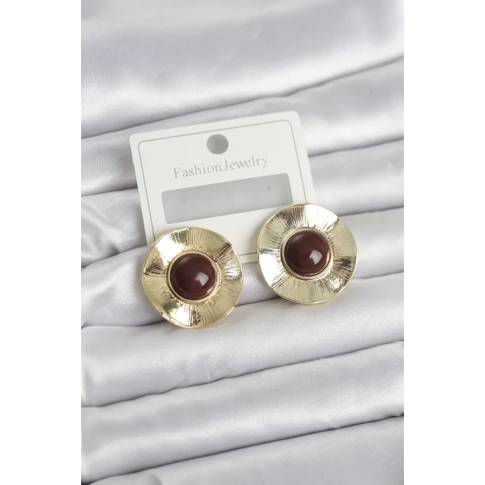 BUĞZ Vintage Model Kahverengi Gold Renk Pirinç Kadın Küpe