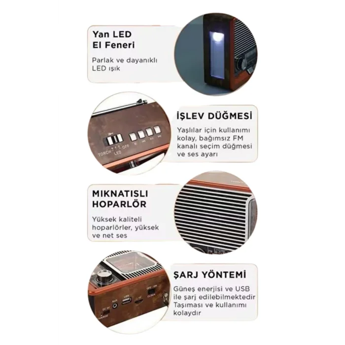  Vintage Nostaljik Radyo AUX USB SD Kart Girişli Şarjlı Bluetooth Bağlantılı