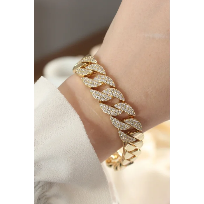 BUĞZ Vip Seri Pirinç Ortası Zirkon Taşlı Gold Renk Gurmet Bileklik
