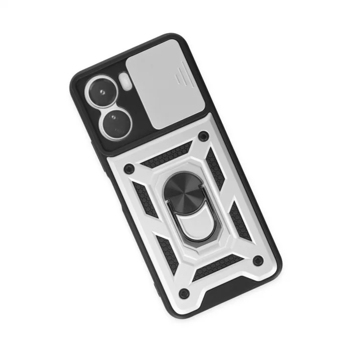 BUĞZ Vivo Y16 Kılıf Pars Lens Yüzüklü Silikon - Gümüş