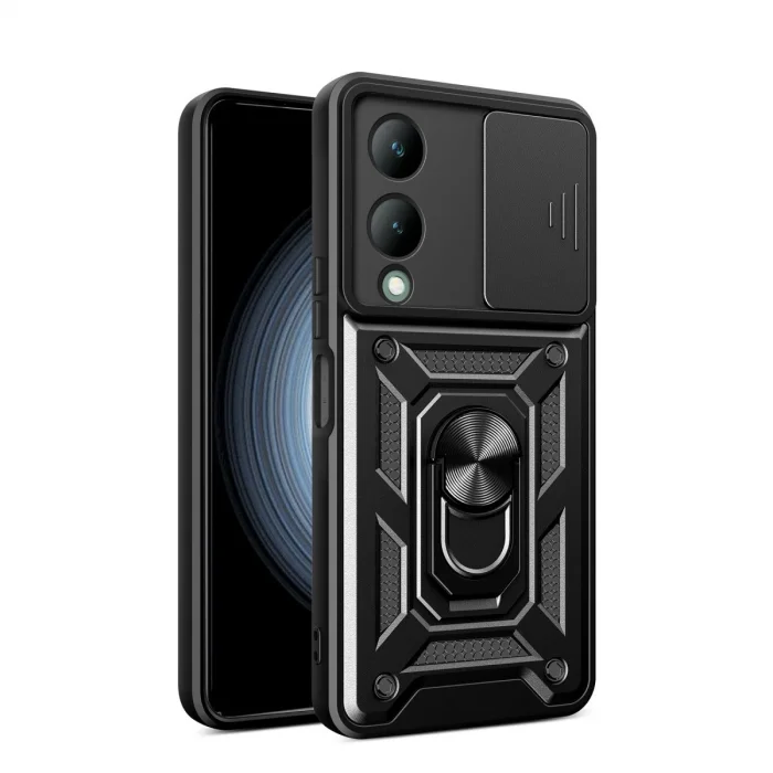 BUĞZ Vivo Y17s Kılıf Pars Lens Yüzüklü Silikon - Siyah