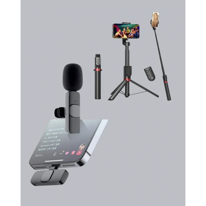 BUĞZ Vlog ve Canlı Yayın İçin Çift Yaka Mikrofonu ve Tripodlu Selfie Çubuğu Seti
