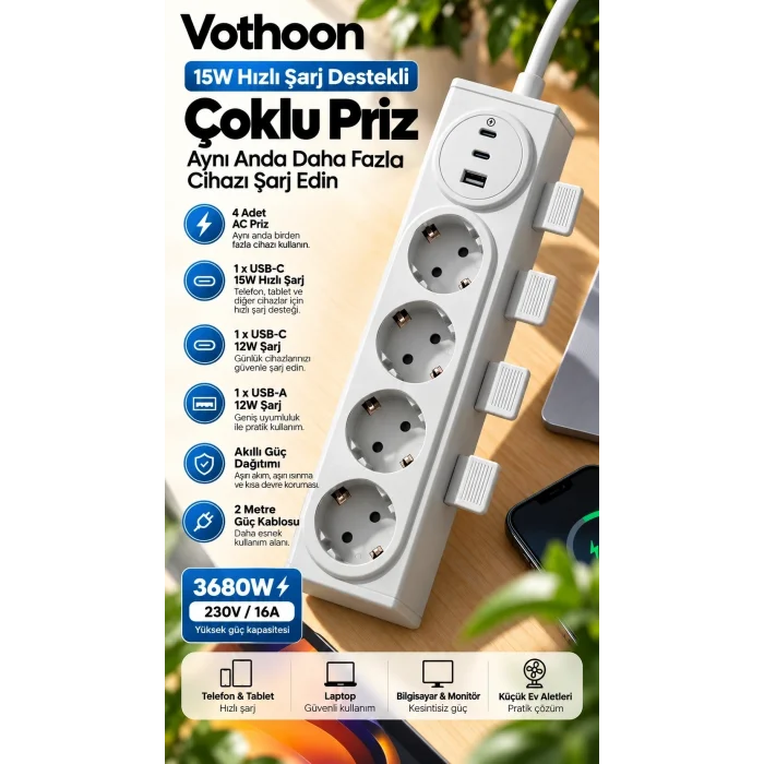 BUĞZ 4’lü Akıllı Priz Tek Dokunuşla Fiş Çıkarma 2 Metre Kablo 2 Type-c + Usb 15w Hızlı Şarj 3680w Krem