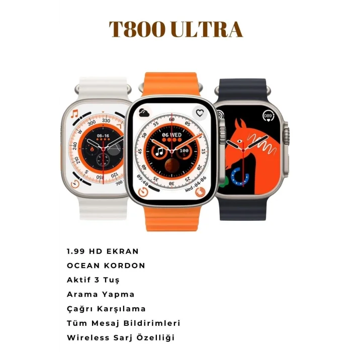  Watch 8 Series Ultra Uyumlu T800 Ultra Şık Tasaraımlı 3 Tuş Aktif 2023 Akıllı Saat