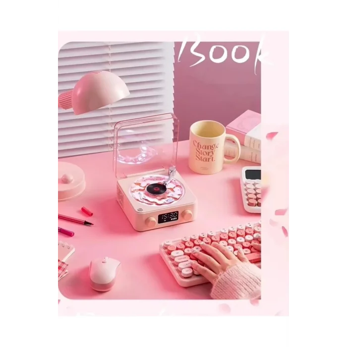 BUĞZ Waves Nostalji Plak Görünümlü Bluetooth Hoparlör 3d Ses Dalgası Retro Müzik Plak Pembe