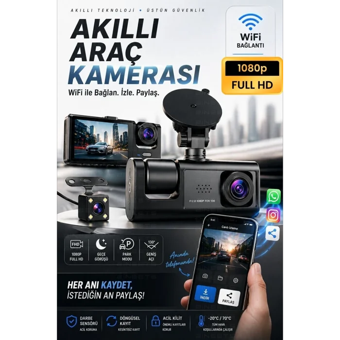BUĞZ WiFi 1080p 3 Kameralı Araç İçi Kamera LCD Ekranlı Gece Görüşlü G Sensörlü Geniş Açılı