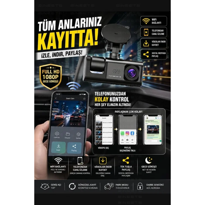 BUĞZ WiFi 1080p 3 Kameralı Araç İçi Kamera LCD Ekranlı Gece Görüşlü G Sensörlü Geniş Açılı