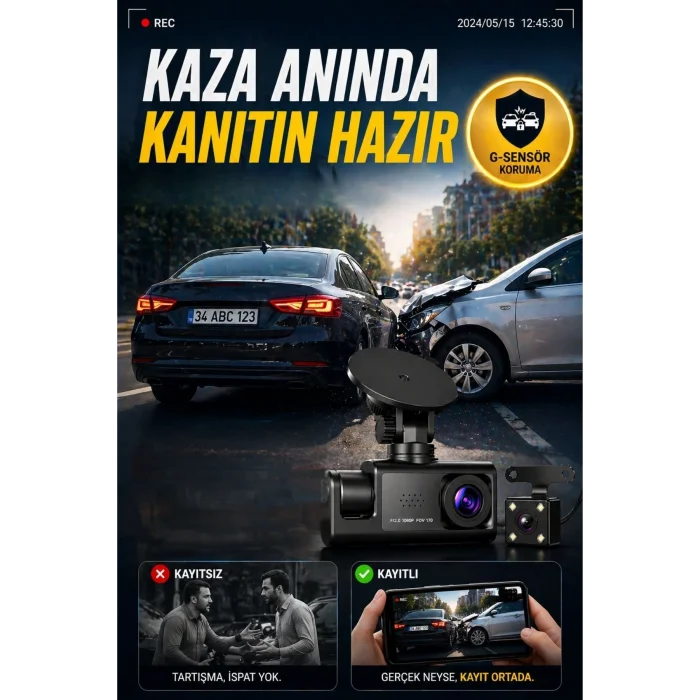 BUĞZ WiFi 1080p 3 Kameralı Araç İçi Kamera LCD Ekranlı Gece Görüşlü G Sensörlü Geniş Açılı
