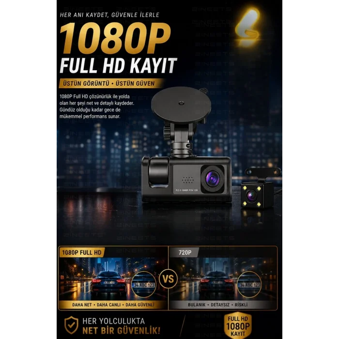 BUĞZ WiFi 1080p 3 Kameralı Araç İçi Kamera LCD Ekranlı Gece Görüşlü G Sensörlü Geniş Açılı
