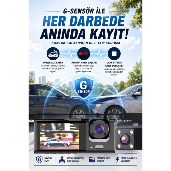 BUĞZ WiFi 1080p 3 Kameralı Araç İçi Kamera LCD Ekranlı Gece Görüşlü G Sensörlü Geniş Açılı
