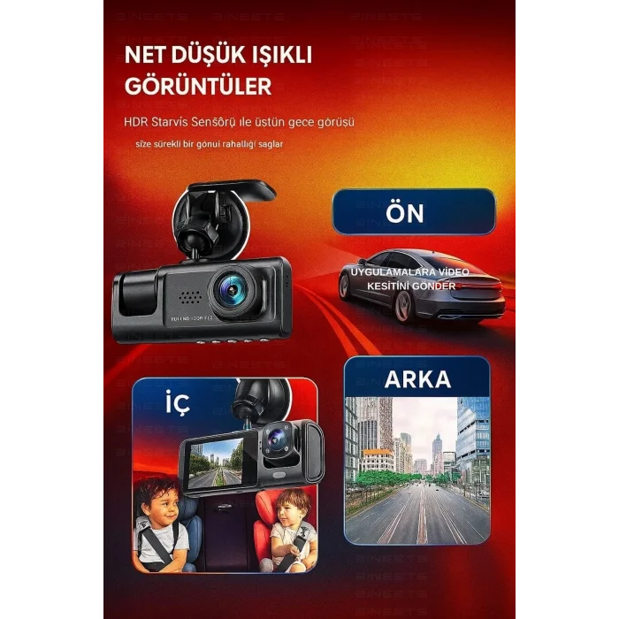  Wifi 1080p Araç içi 3 Kameralı Lcd Ekranlı Gece Görüşlü , G-sensör , Geri Görüş Kamera
