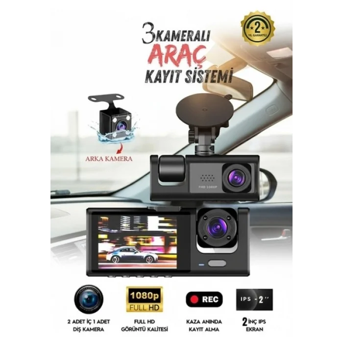 BUĞZ WiFi App Destekli 3 Kameralı Araç Kamerası 170 Derece Geniş Açı Gece Görüşlü G Sensörlü