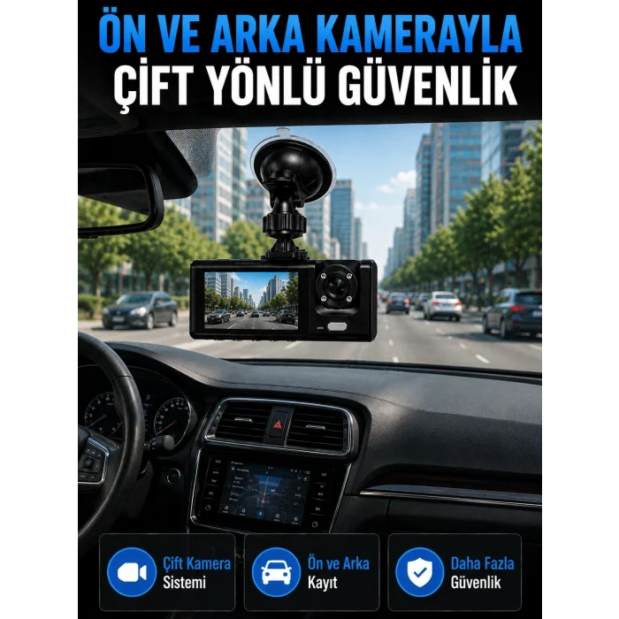 BUĞZ WiFi Çift Kameralı Araç İçi Kayıt Kamerası 1080P Full HD 170° Geniş Açılı Araç Kamerası