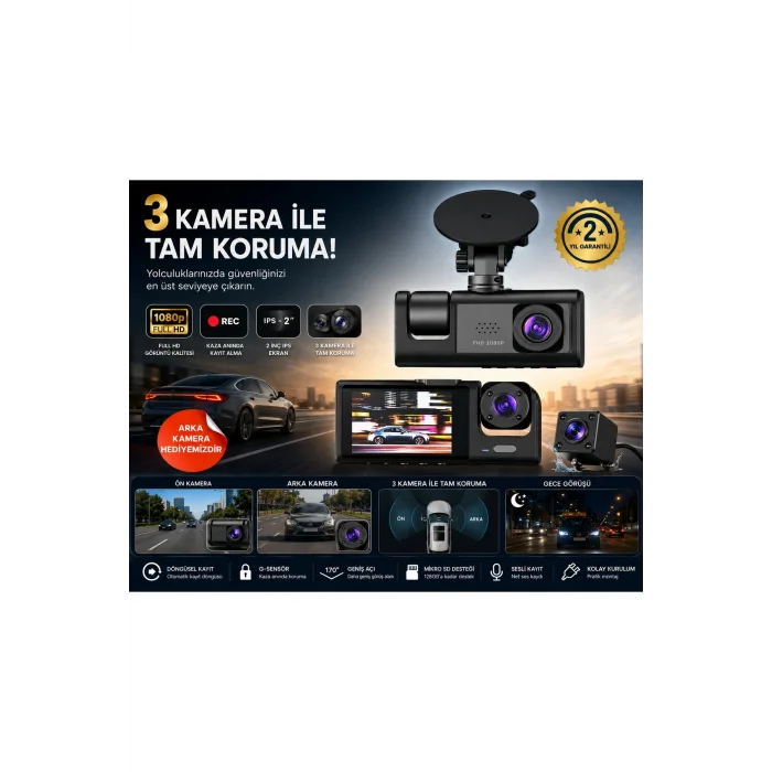 BUĞZ WiFi Destekli 1080p 3 Kameralı Araç İçi Kamera LCD Ekranlı Gece Görüşlü G Sensörlü