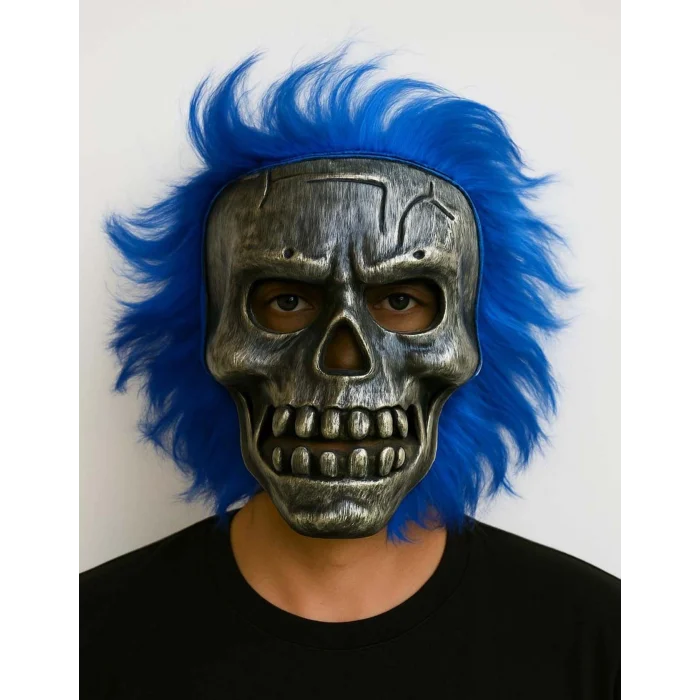 BUĞZ Wild Skull - Gümüş Kafatası Mavi Saçlı İskelet Maske