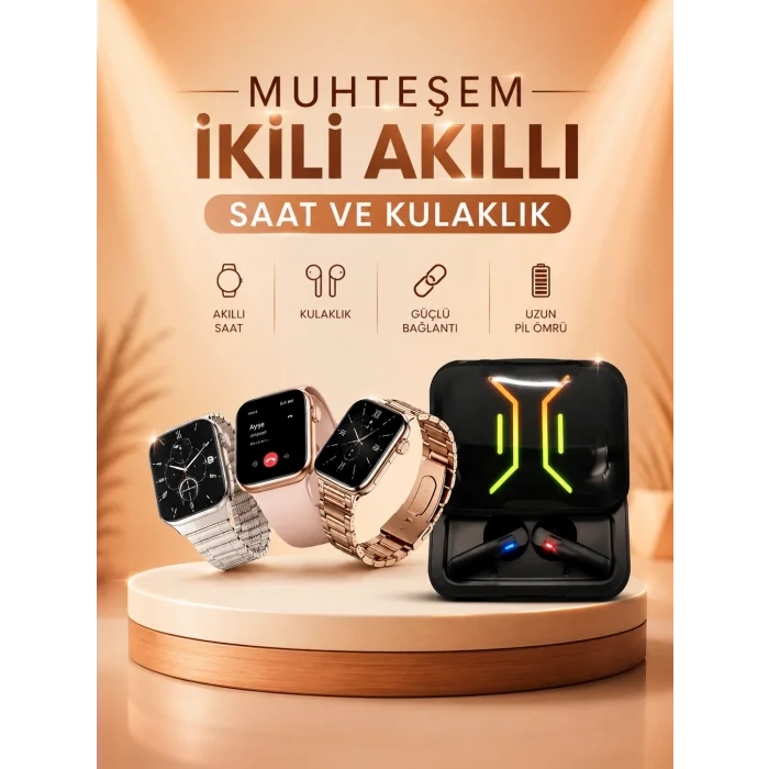 BUĞZ Wireless Şarjlı Akıllı Saat ve Dijital Göstergeli Kablosuz Bluetooth Kulaklık Nabız Ölçer