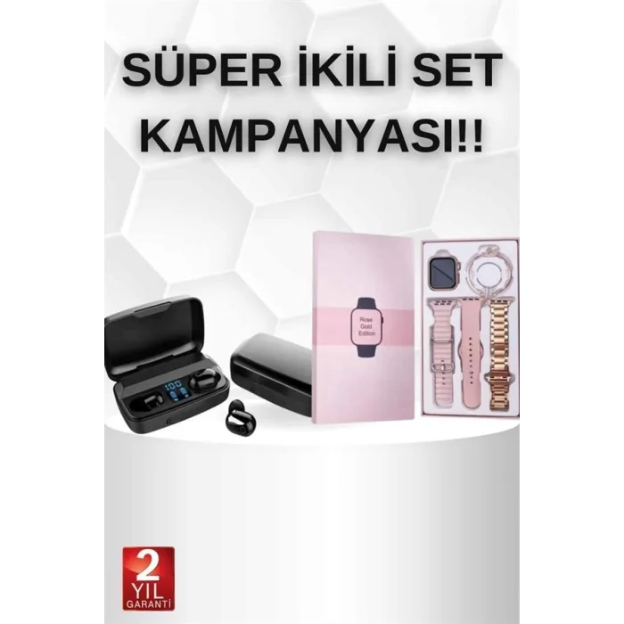 BUĞZ Wireless Şarjlı Pembe Akıllı Saat ve Kablosuz Bluetooth Kulaklık Dokunmatik Kontrol