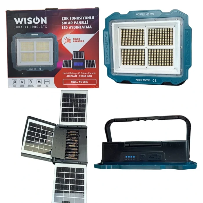 BUĞZ Wıson Ws-5585 Çok Fonksiyonlu 3 Solar Panelli 400w Spot Aydınlatma