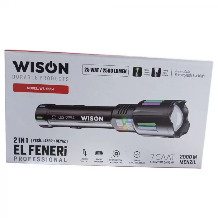 BUĞZ Wison Ws-9954 25w  Zoomlu Yeşil Lazerli Metal Şarjlı El Feneri