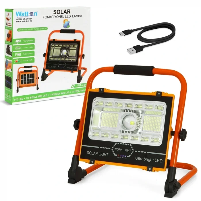 BUĞZ Wt-734 P70 Led Solar Panel Şarjlı Taşınabilir Projektör (176 Smd + Yan Led)