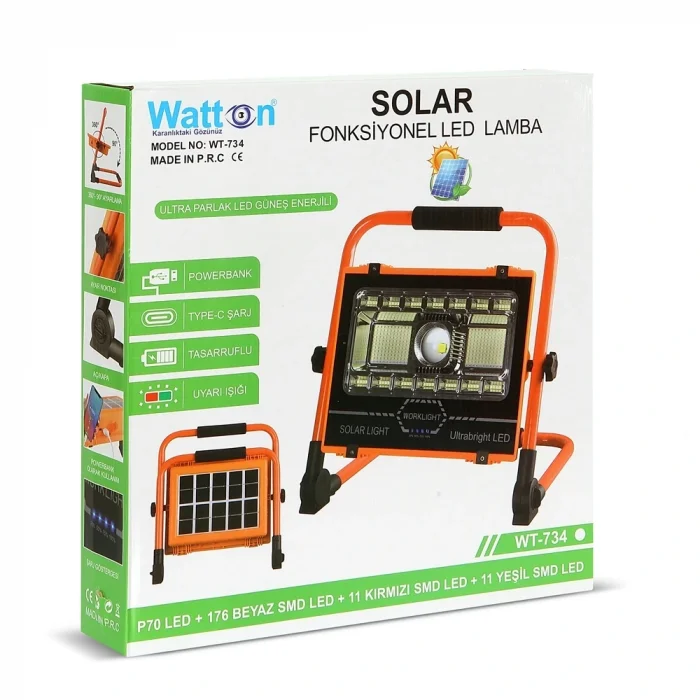 BUĞZ Wt-734 P70 Led Solar Panel Şarjlı Taşınabilir Projektör (176 Smd + Yan Led)