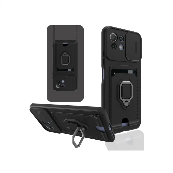 BUĞZ Xiaomi Mi 11 Lite Kılıf Zuma Kartvizitli Yüzüklü Silikon - Siyah