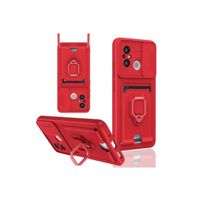 BUĞZ Xiaomi Redmi 12c Kılıf Zuma Kartvizitli Yüzüklü Silikon - Kırmızı