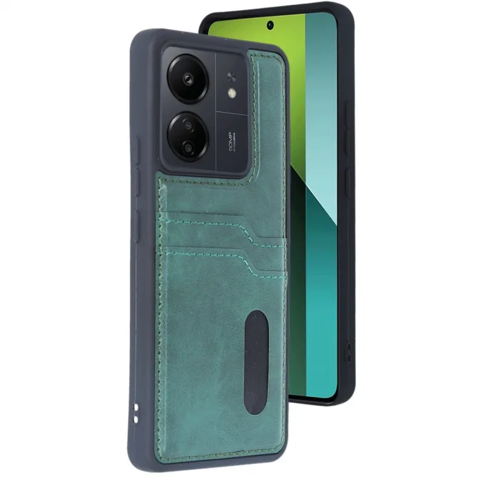 BUĞZ Xiaomi Redmi 13c Kılıf Sara Kartvizitli Deri Kılıf - Koyu Yeşil