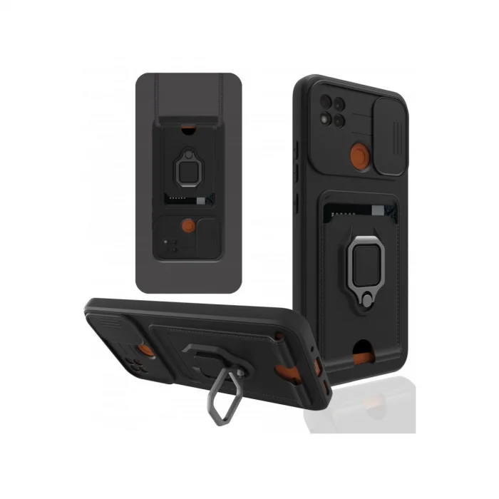 BUĞZ Xiaomi Redmi 9c Kılıf Zuma Kartvizitli Yüzüklü Silikon - Siyah