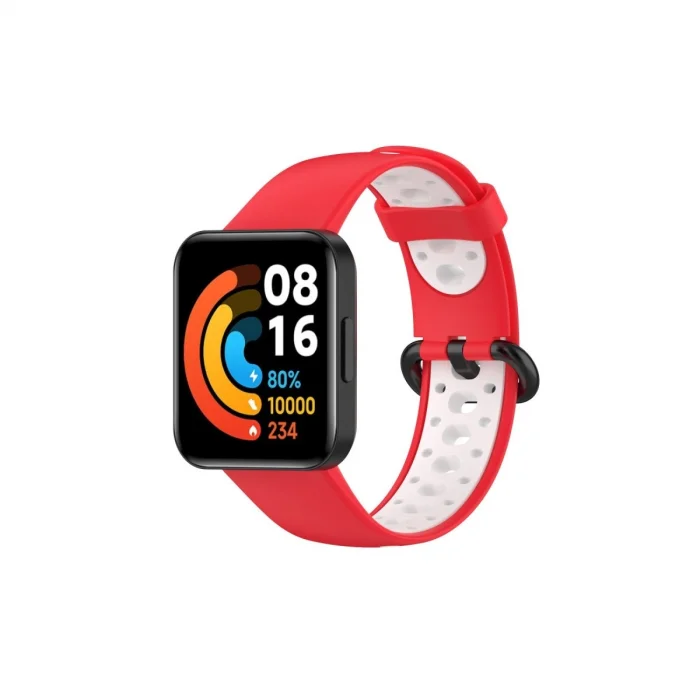 BUĞZ Xiaomi Redmi Watch 2 Spor Delikli Kordon - Kırmızı-beyaz