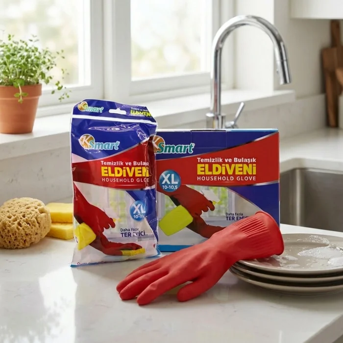 BUĞZ XL Beden Temizlik ve Bulaşık Eldiveni - Doğal Pamuk Astarlı - Plastik